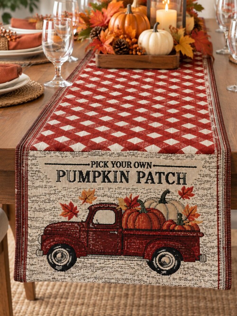 Perfect Harvest Pumpkin Patch Tapestry Table Runner 13x68 Red Truck Fall Decor